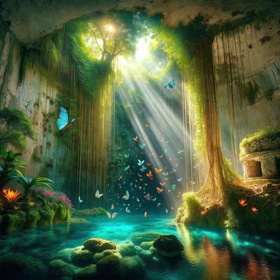 The primary subject of the image is a beautifully illustrated scene of a forest with a waterfall, featuring a variety of butterflies and flowers. The setting is a lush, green environment with a waterfall and a cave, creating a serene and magical atmosphere. The visual style is a combination of photo-realism and digital art, resulting in a vibrant and detailed scene. The colors and mood are predominantly warm and inviting, with the butterflies and flowers adding a touch of whims